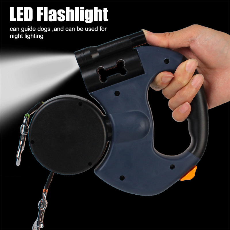 Retractable Dual Dog Leash – 360° Tangle-Free Swivel with Reflective Safety Strap