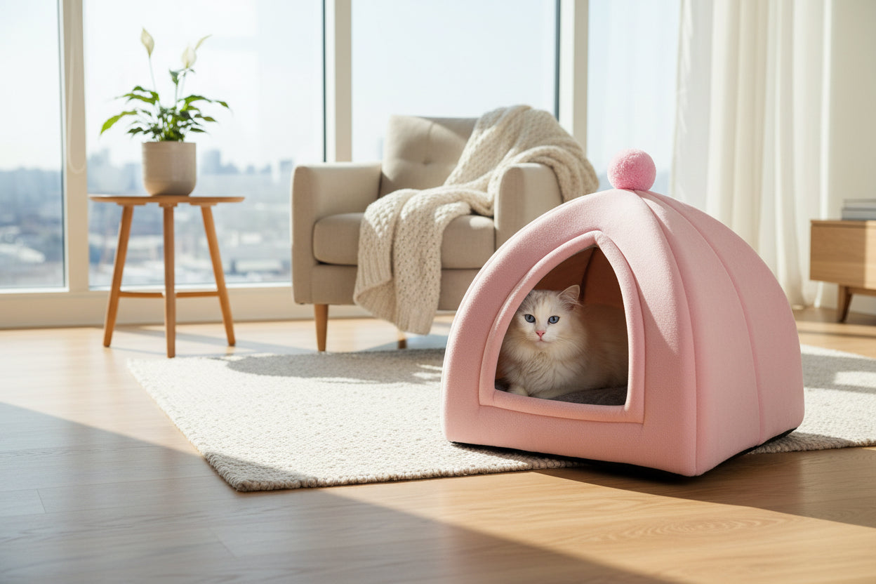 Foldable Enclosed Cat House – Warm Indoor Pet Bed