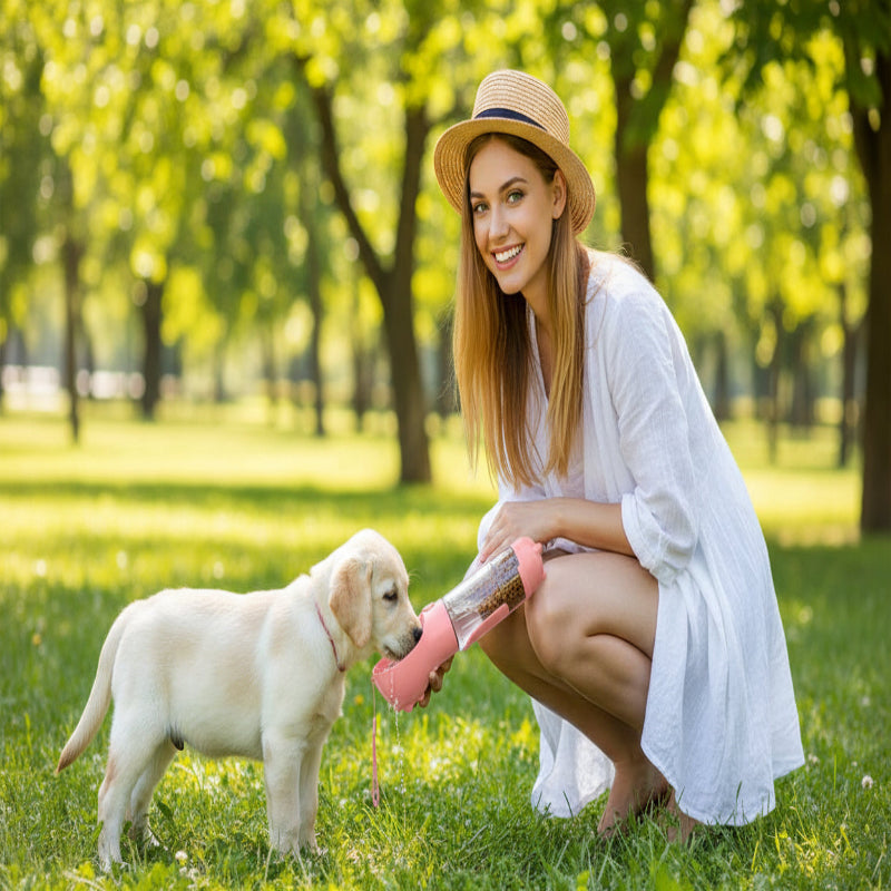 3-in-1 Portable Dog Water Bottle with Foldable Bowl & Waste Bag Dispenser – Leak-Proof Travel Set