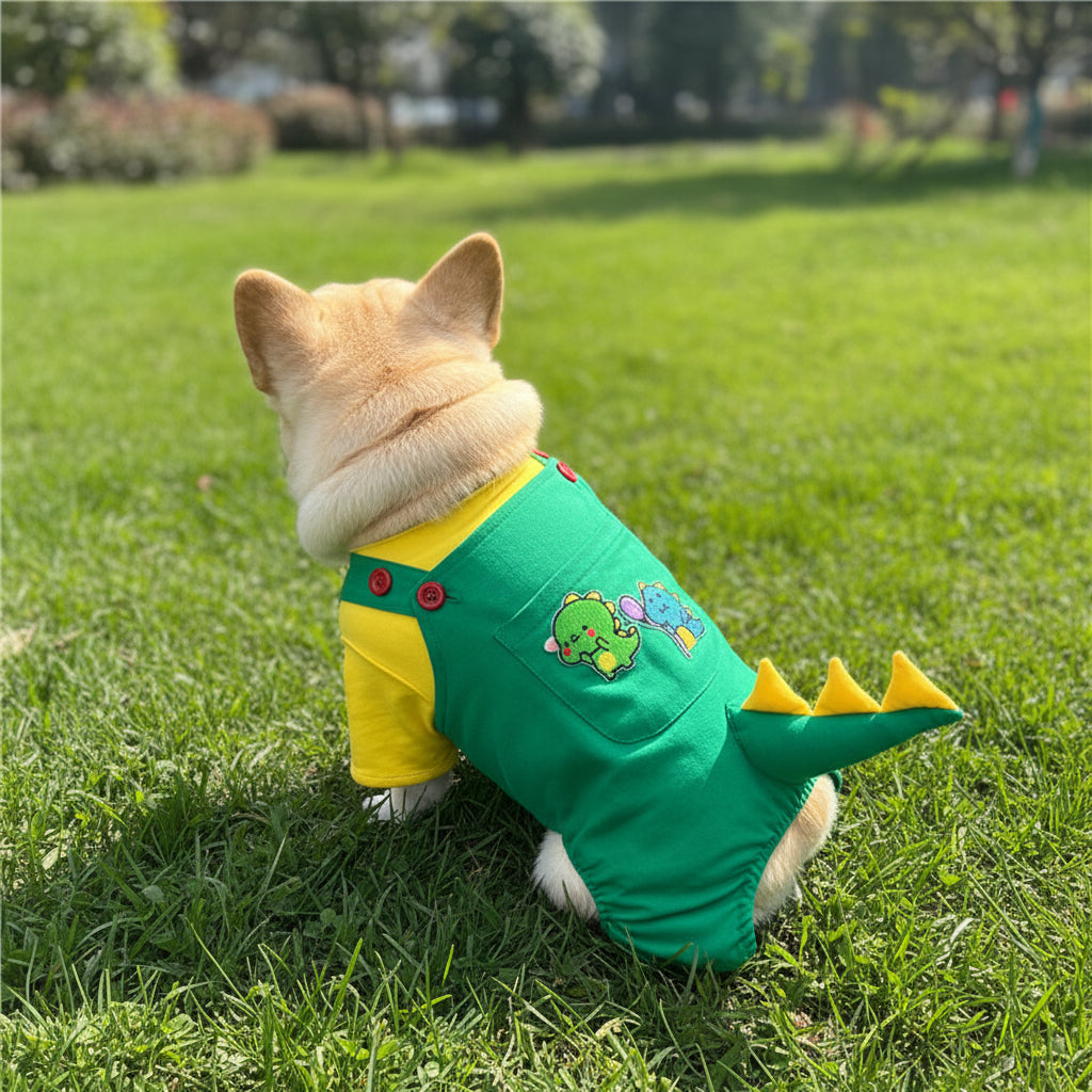 Dinosaur Print Dog Overalls – Casual Cotton Outfit