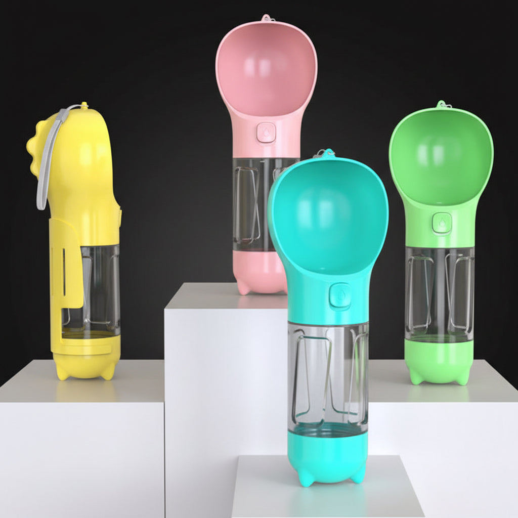 3-in-1 Portable Dog Water Bottle with Foldable Bowl & Waste Bag Dispenser – Leak-Proof Travel Set