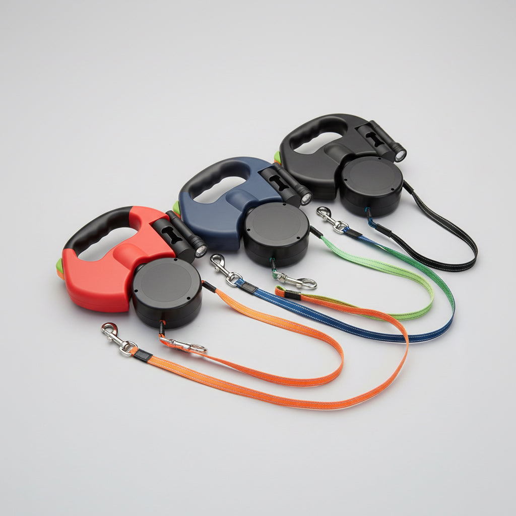 Retractable Dual Dog Leash – 360° Tangle-Free Swivel with Reflective Safety Strap