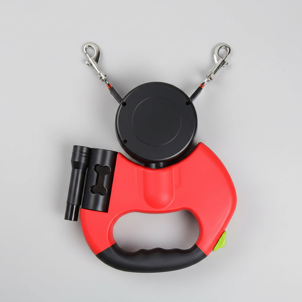 Retractable Dual Dog Leash – 360° Tangle-Free Swivel with Reflective Safety Strap